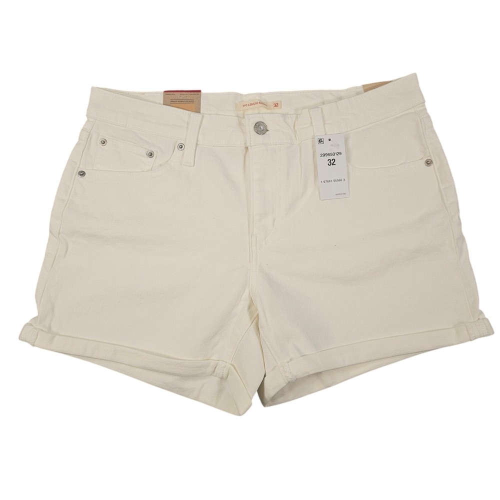 Levis Mid Length Shorts Womens 32 White Denim Mid Rise Slim Hip 299650129 NWT